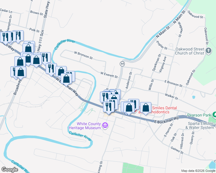 map of restaurants, bars, coffee shops, grocery stores, and more near North Church Street in Sparta