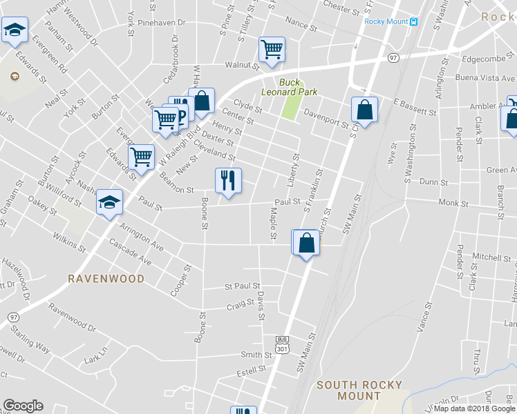 map of restaurants, bars, coffee shops, grocery stores, and more near 421 Paul Street in Rocky Mount