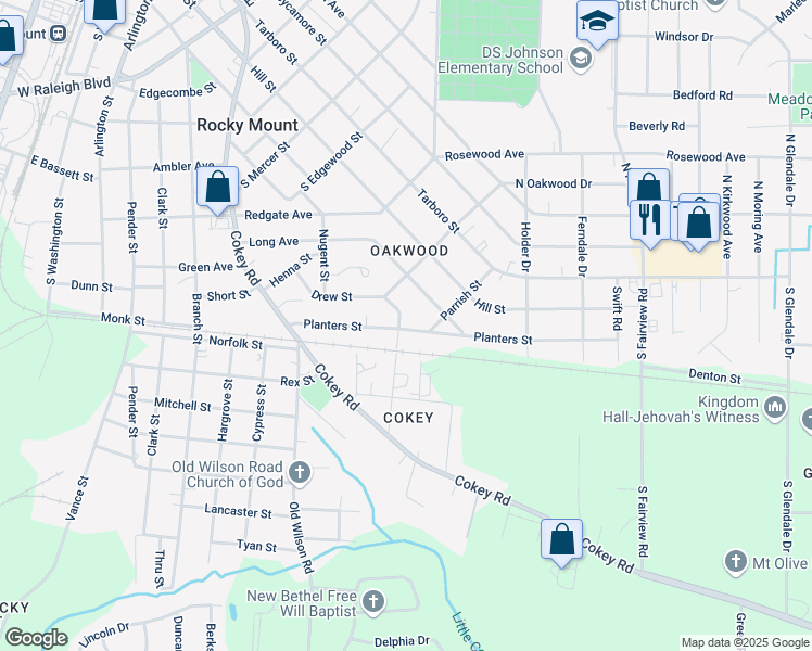 map of restaurants, bars, coffee shops, grocery stores, and more near 1128 Pitt Street in Rocky Mount