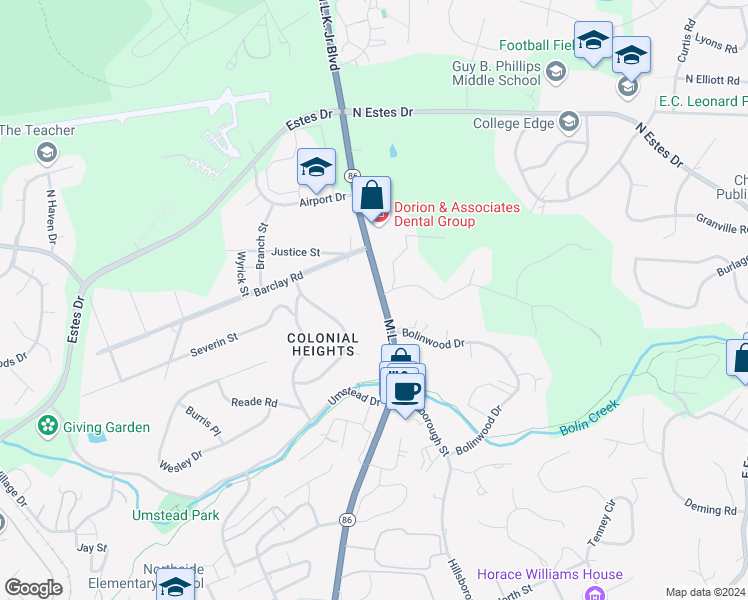 map of restaurants, bars, coffee shops, grocery stores, and more near 875 Martin Luther King Jr Blvd in Chapel Hill