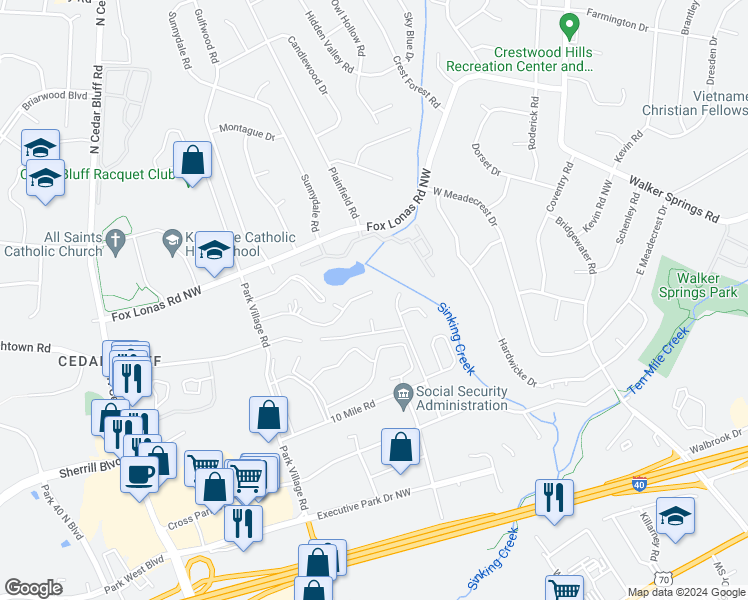 map of restaurants, bars, coffee shops, grocery stores, and more near 9104 Cedarpark Lane Northwest in Knoxville