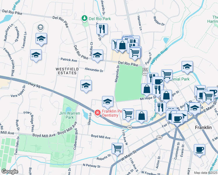 map of restaurants, bars, coffee shops, grocery stores, and more near 113 Magnolia Drive in Franklin