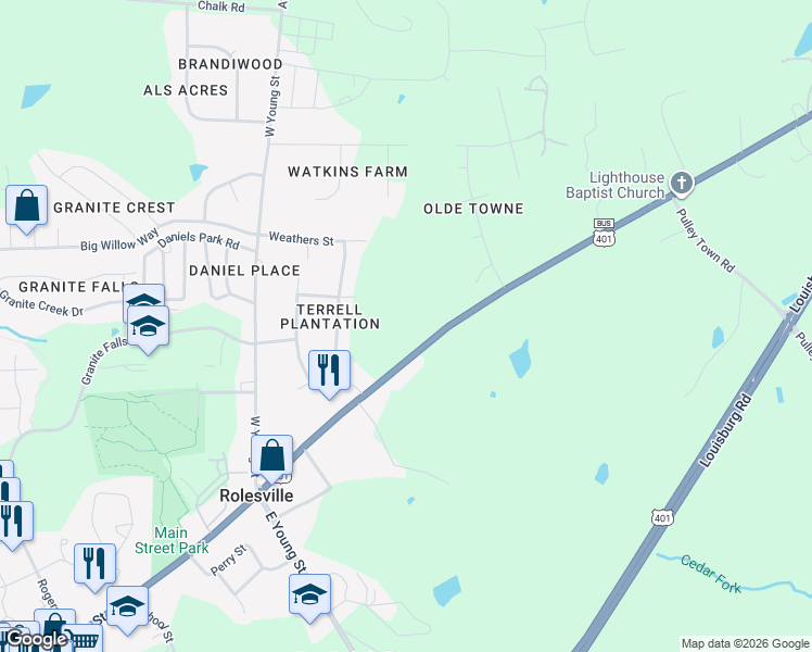 map of restaurants, bars, coffee shops, grocery stores, and more near 407-581 North Main Street in Rolesville