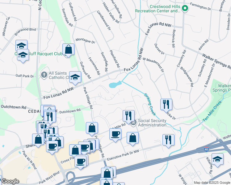 map of restaurants, bars, coffee shops, grocery stores, and more near 9120 Cedarpark Lane Northwest in Knoxville