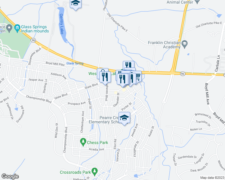 map of restaurants, bars, coffee shops, grocery stores, and more near 101 Front Street in Franklin