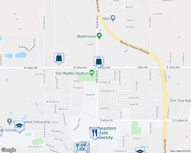 map of restaurants, bars, coffee shops, grocery stores, and more near 1487 North Grand Avenue in Tahlequah