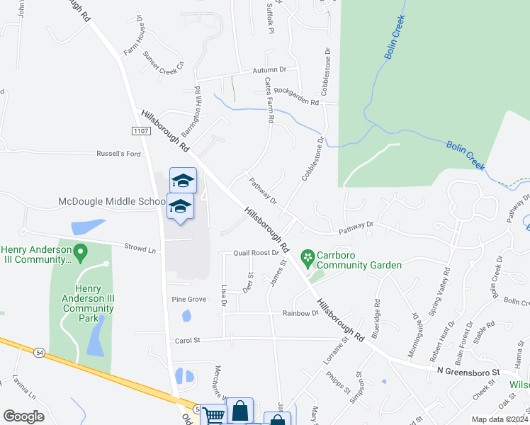 map of restaurants, bars, coffee shops, grocery stores, and more near 1210 Hillsborough Road in Chapel Hill
