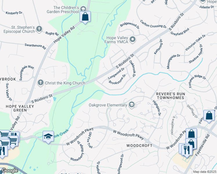 map of restaurants, bars, coffee shops, grocery stores, and more near 5310 Oakbrook Drive in Durham