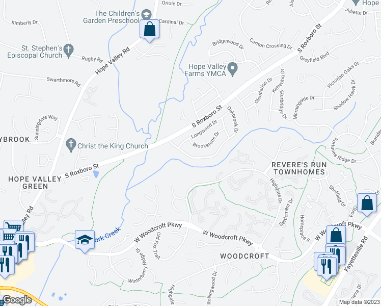 map of restaurants, bars, coffee shops, grocery stores, and more near 5310 Oakbrook Drive in Durham