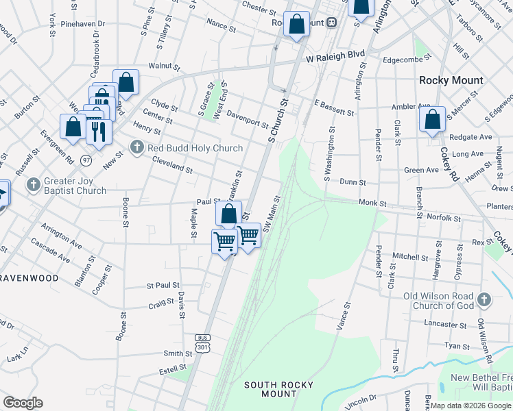 map of restaurants, bars, coffee shops, grocery stores, and more near 1216 Southwest Main Street in Rocky Mount