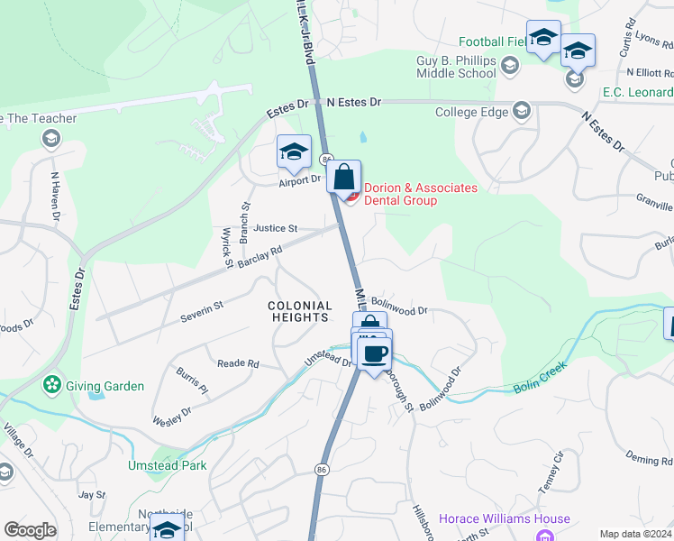 map of restaurants, bars, coffee shops, grocery stores, and more near 875 Martin Luther King Junior Boulevard in Chapel Hill