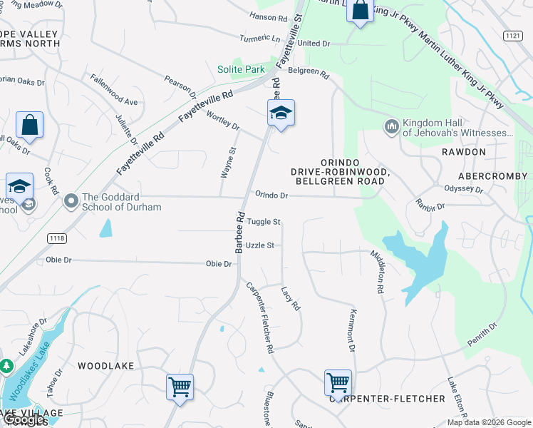 map of restaurants, bars, coffee shops, grocery stores, and more near 524 Tuggle Street in Durham