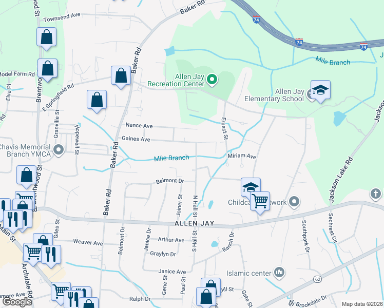 map of restaurants, bars, coffee shops, grocery stores, and more near 307 North Hall Street in High Point