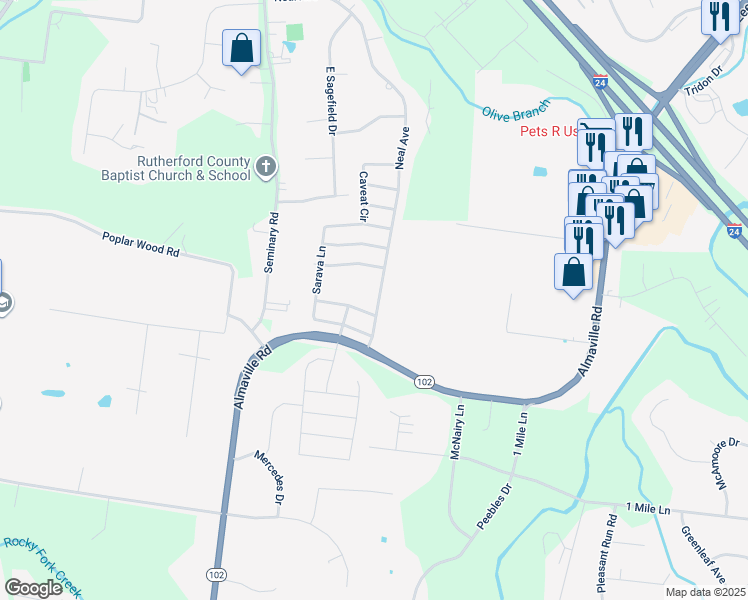 map of restaurants, bars, coffee shops, grocery stores, and more near 256 Neal Avenue in Smyrna