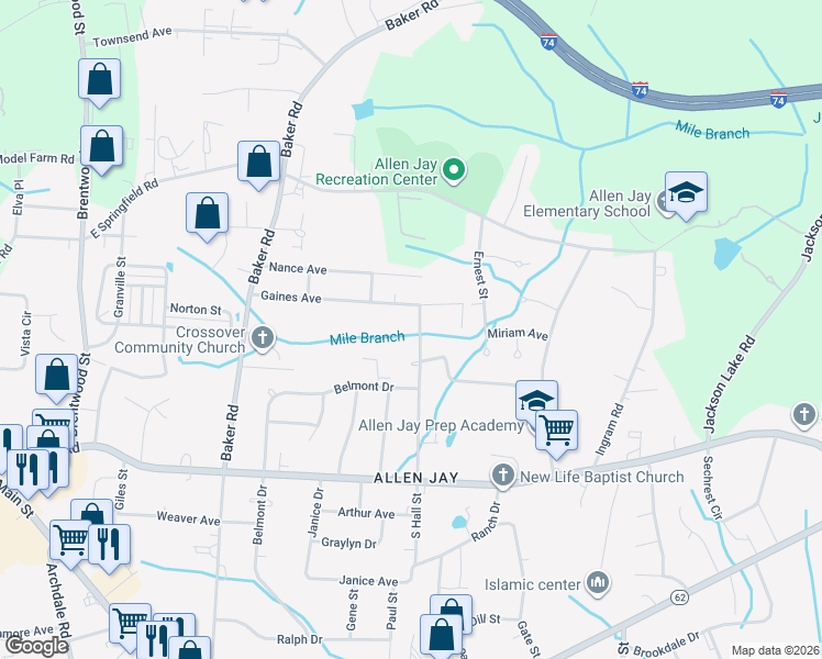 map of restaurants, bars, coffee shops, grocery stores, and more near 307 North Hall Street in High Point