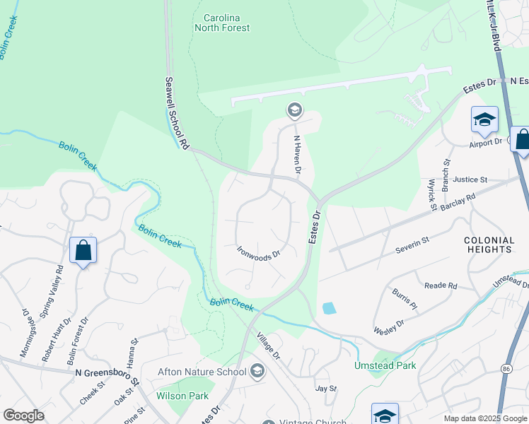 map of restaurants, bars, coffee shops, grocery stores, and more near 112 Emerywood Place in Chapel Hill