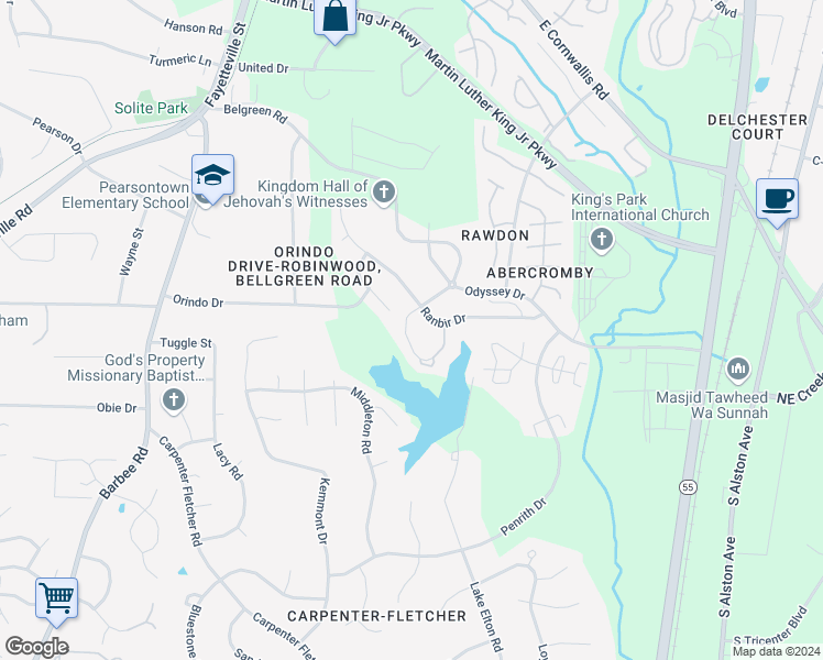 map of restaurants, bars, coffee shops, grocery stores, and more near 3518 Sugar Tree Place in Durham