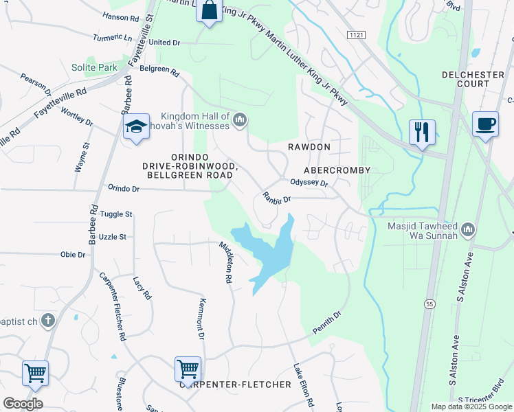 map of restaurants, bars, coffee shops, grocery stores, and more near 3518 Sugar Tree Place in Durham