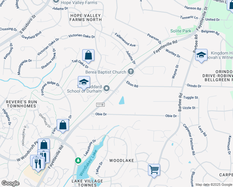 map of restaurants, bars, coffee shops, grocery stores, and more near 5216 Fayetteville Road in Durham