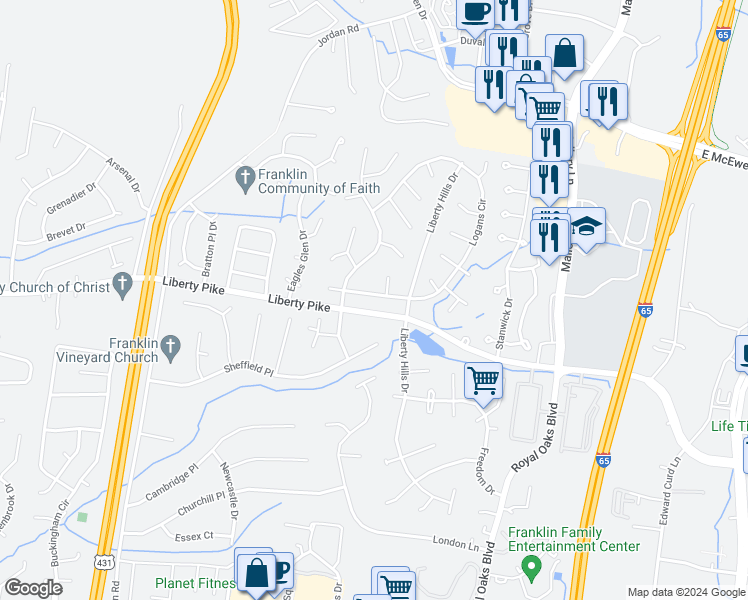map of restaurants, bars, coffee shops, grocery stores, and more near 211 Logans Circle in Franklin