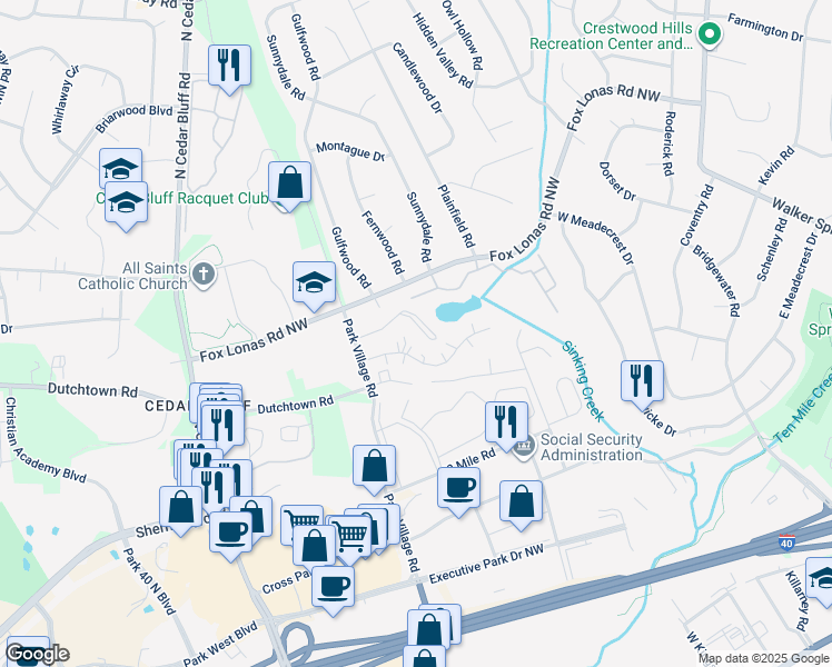 map of restaurants, bars, coffee shops, grocery stores, and more near 9106 Woodpark Lane Northwest in Knoxville