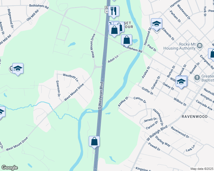 map of restaurants, bars, coffee shops, grocery stores, and more near 921 South Wesleyan Boulevard in Rocky Mount