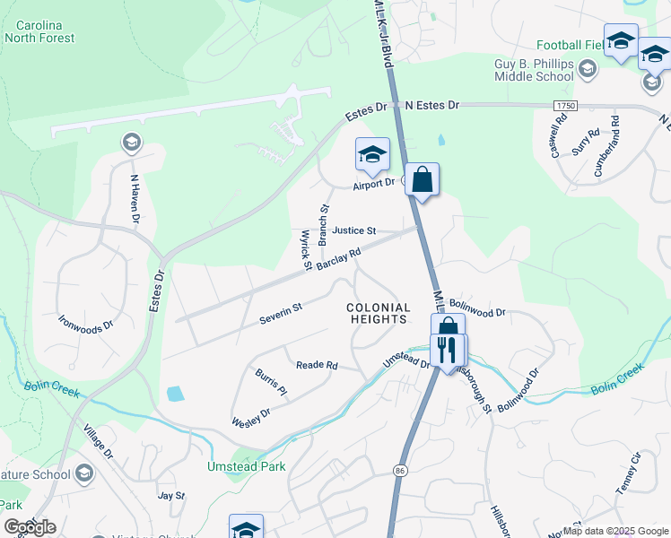 map of restaurants, bars, coffee shops, grocery stores, and more near 202 Barclay Road in Chapel Hill