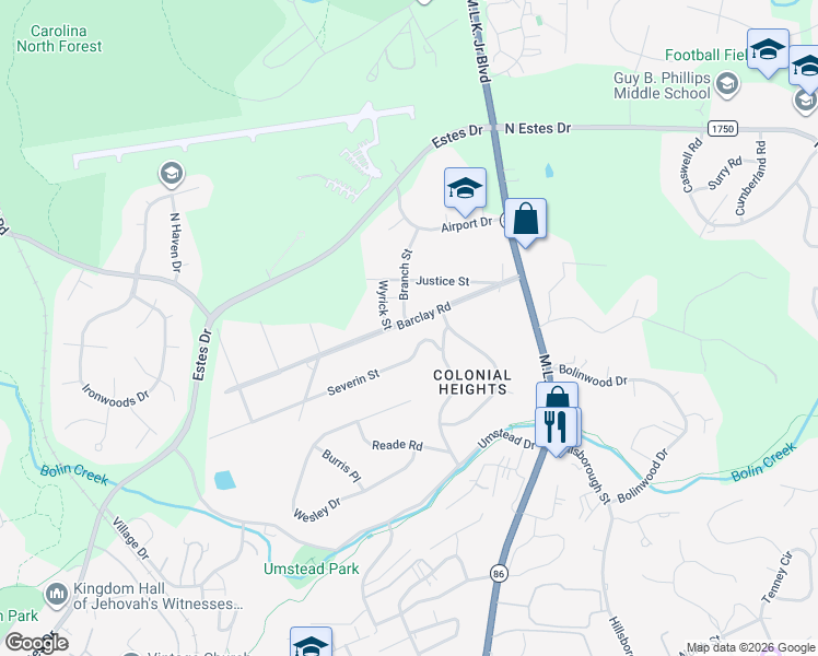 map of restaurants, bars, coffee shops, grocery stores, and more near 202 Barclay Road in Chapel Hill