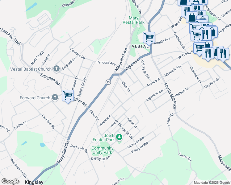 map of restaurants, bars, coffee shops, grocery stores, and more near 810 Maryville Pike in Knoxville