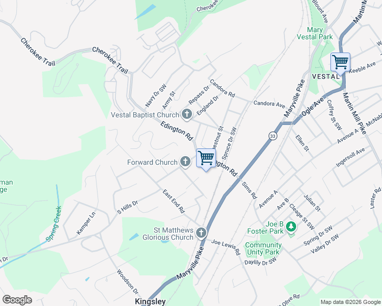 map of restaurants, bars, coffee shops, grocery stores, and more near 4305 Edington Road in Knoxville