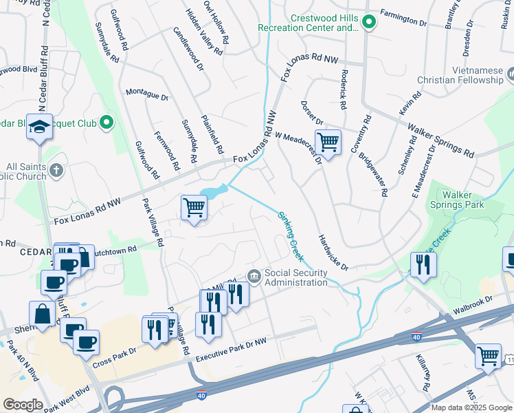 map of restaurants, bars, coffee shops, grocery stores, and more near 8906 Fox Lake Drive in Knoxville