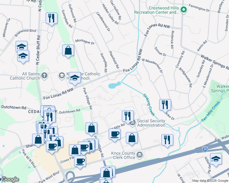 map of restaurants, bars, coffee shops, grocery stores, and more near 9088 Fox Lake Drive in Knoxville