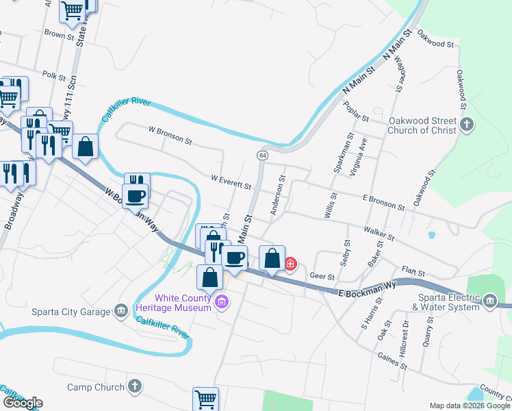map of restaurants, bars, coffee shops, grocery stores, and more near 136 North Main Street in Sparta