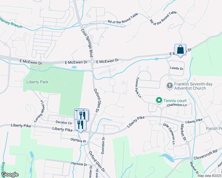 map of restaurants, bars, coffee shops, grocery stores, and more near 218 Conservatory Drive in Franklin