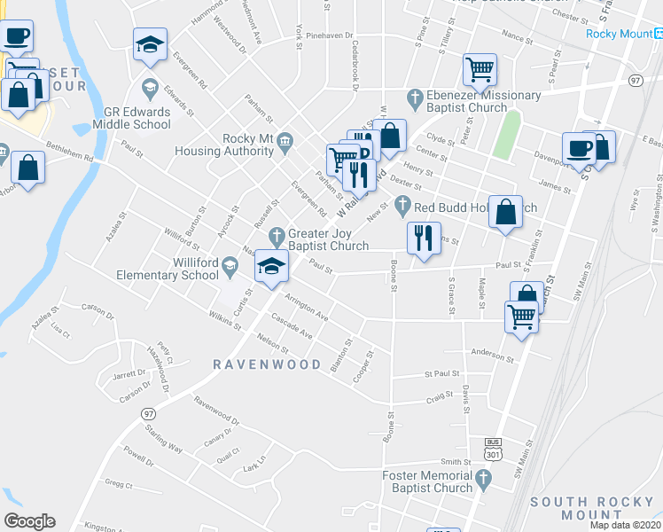 map of restaurants, bars, coffee shops, grocery stores, and more near 674 Paul Street in Rocky Mount