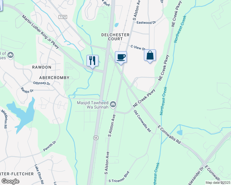 map of restaurants, bars, coffee shops, grocery stores, and more near 3411 Apex Highway in Durham