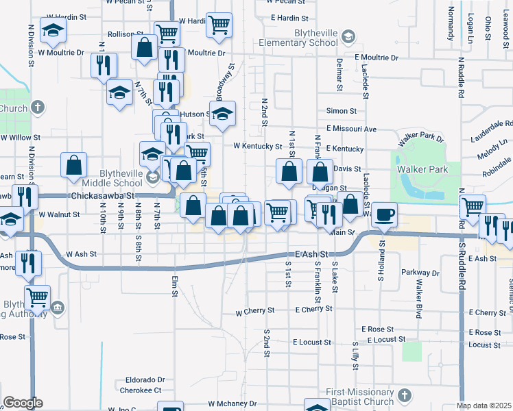 map of restaurants, bars, coffee shops, grocery stores, and more near 200 West Walnut Street in Blytheville