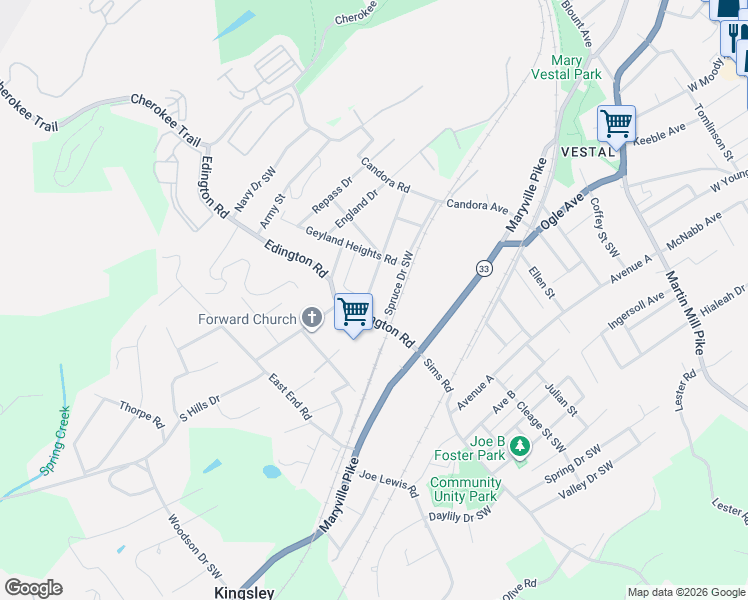 map of restaurants, bars, coffee shops, grocery stores, and more near 1309 Spruce Drive Southwest in Knoxville