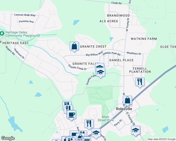 map of restaurants, bars, coffee shops, grocery stores, and more near 417 Granite Creek Drive in Rolesville