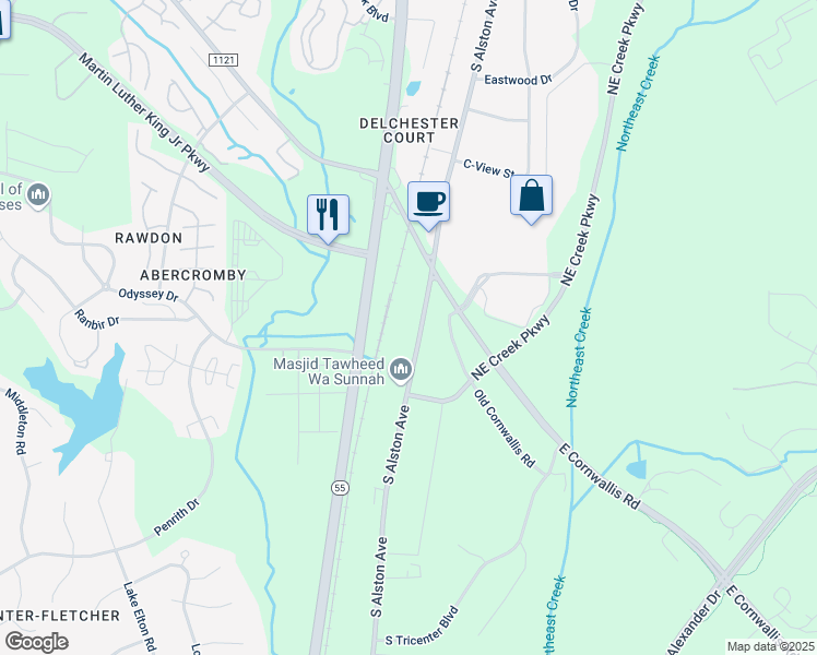 map of restaurants, bars, coffee shops, grocery stores, and more near 3411 Apex Highway in Durham
