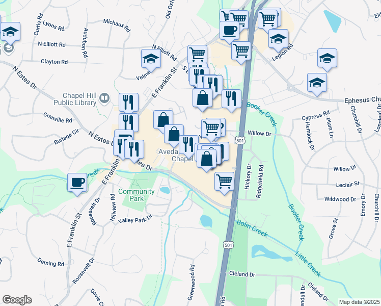 map of restaurants, bars, coffee shops, grocery stores, and more near 901 Willow Drive in Chapel Hill