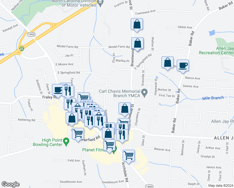 map of restaurants, bars, coffee shops, grocery stores, and more near 609 Vista Circle in High Point