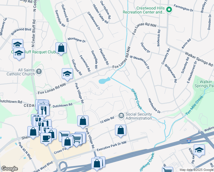 map of restaurants, bars, coffee shops, grocery stores, and more near 9088 Fox Lake Drive in Knoxville