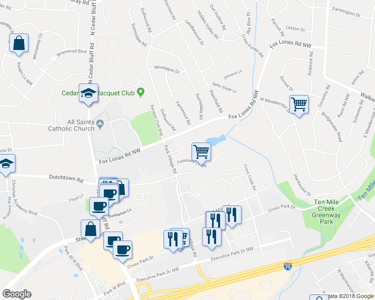 map of restaurants, bars, coffee shops, grocery stores, and more near 9117 Woodpark Lane Northwest in Knoxville