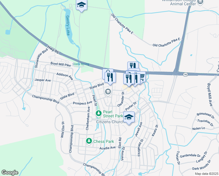 map of restaurants, bars, coffee shops, grocery stores, and more near 991 State Boulevard in Franklin