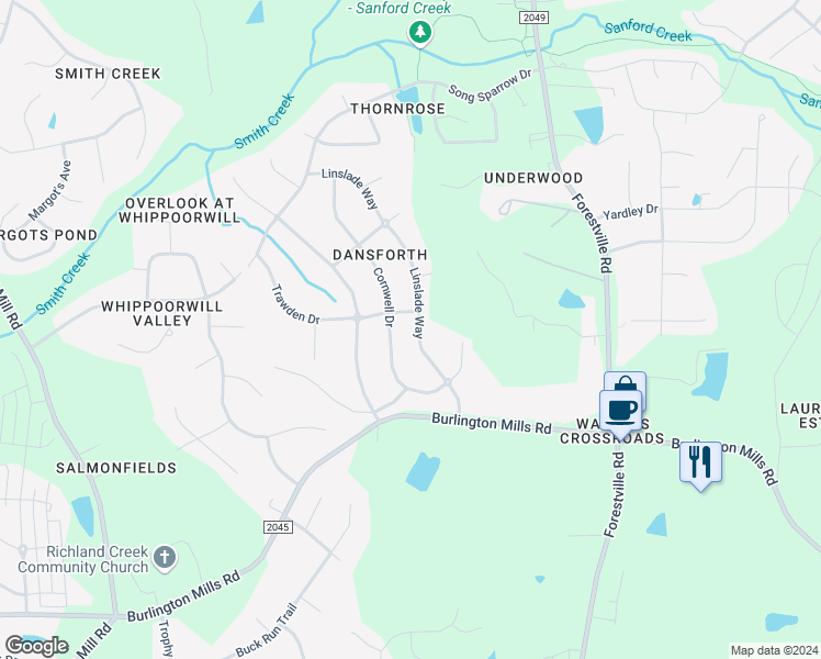 map of restaurants, bars, coffee shops, grocery stores, and more near 9049 Linslade Way in Wake Forest