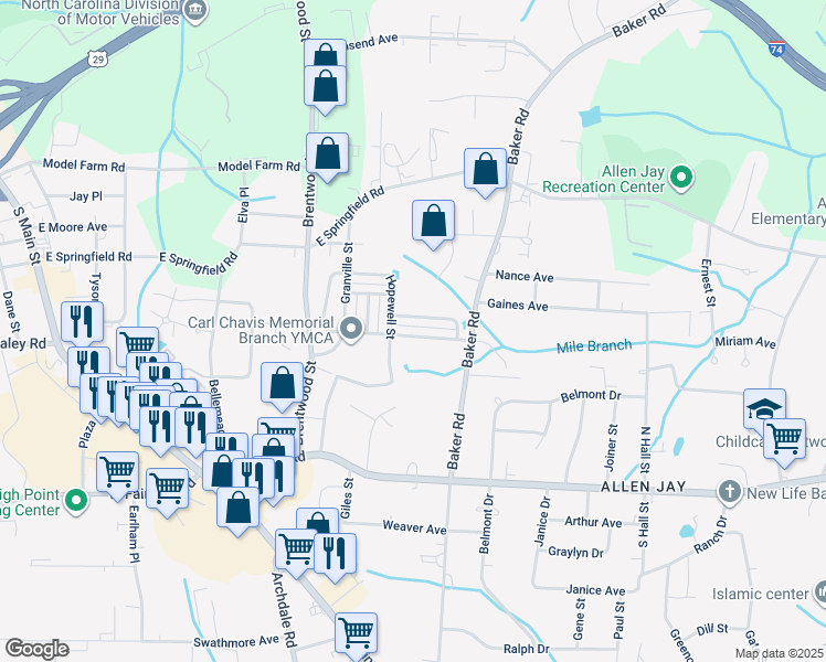 map of restaurants, bars, coffee shops, grocery stores, and more near 911 First Tee Drive in High Point