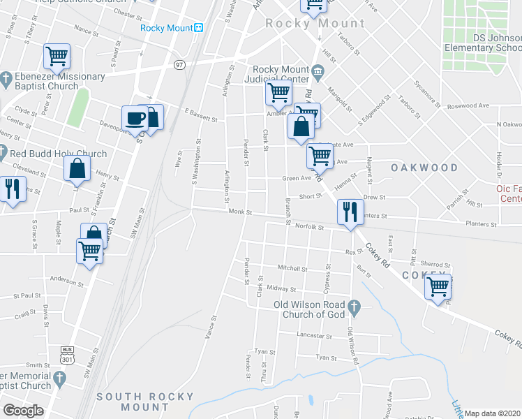 map of restaurants, bars, coffee shops, grocery stores, and more near 1020 Clark Street in Rocky Mount