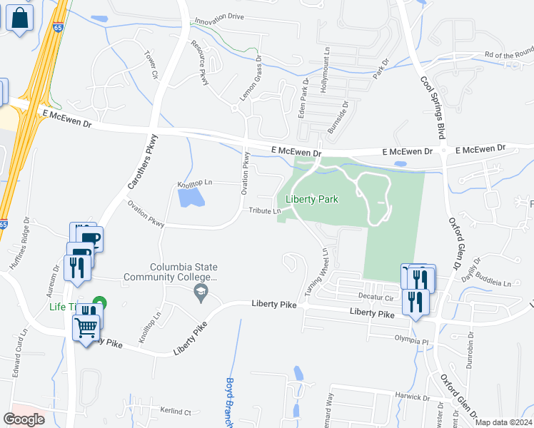 map of restaurants, bars, coffee shops, grocery stores, and more near Tribute Lane in Franklin