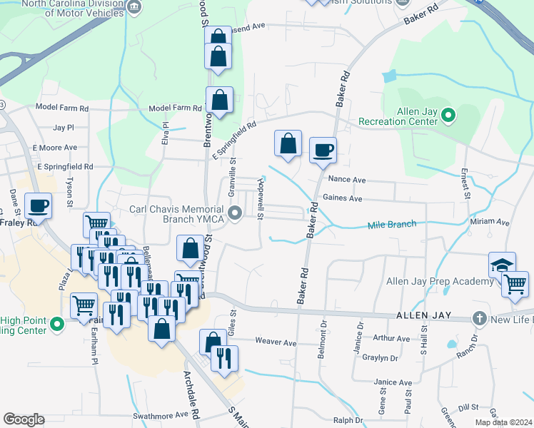 map of restaurants, bars, coffee shops, grocery stores, and more near 905 First Tee Drive in High Point